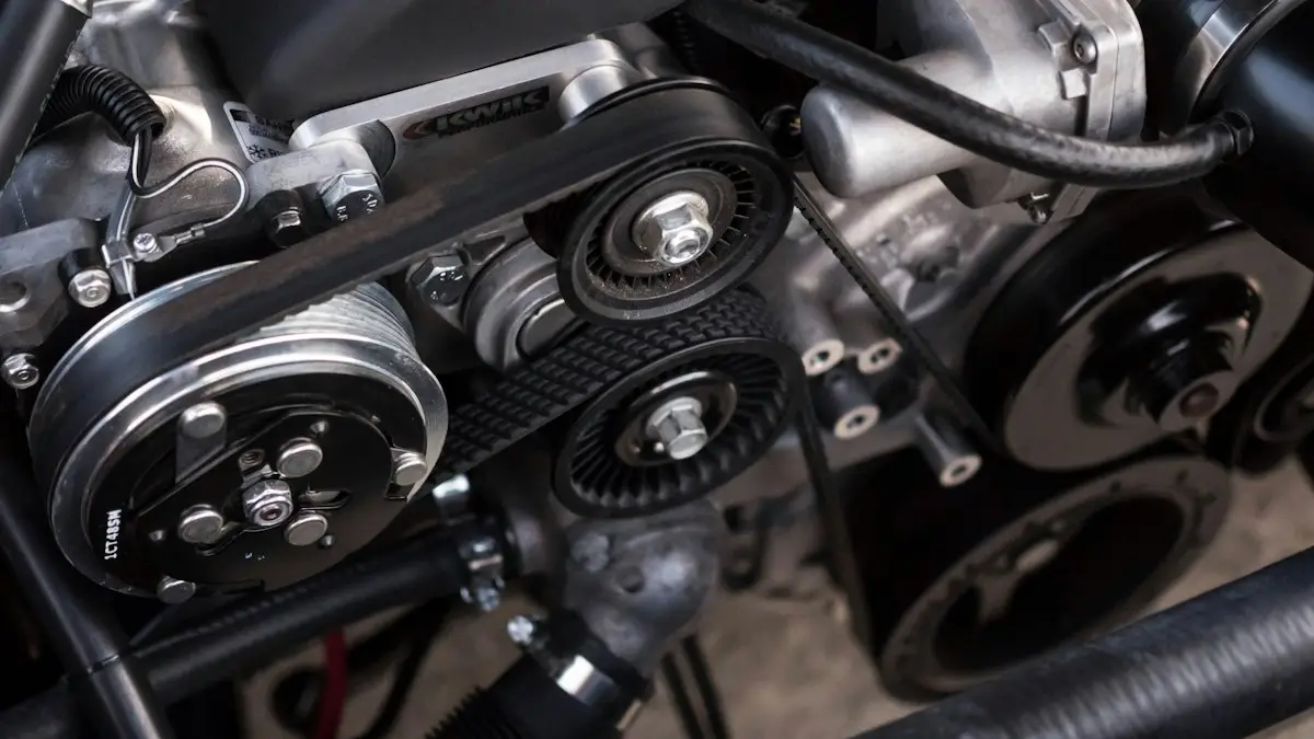 Motor com correias e polias em detalhe